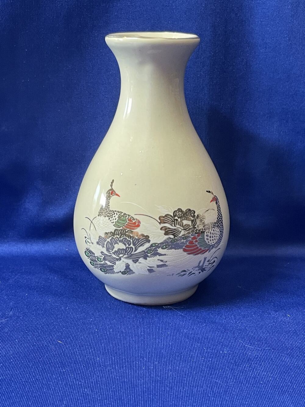 Cream Color Porcelain Bud Vase Accented Gold Peacocks